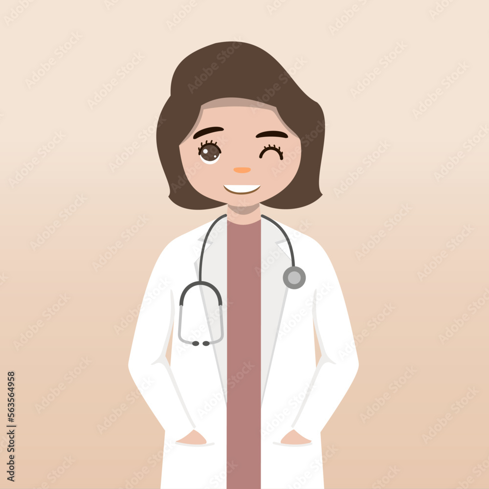 Fototapeta premium Front view doctor character. Doctor character creation set with face emotions, poses and gestures. Cartoon style, flat vector illustration.Female doctor. finger pointing up, holding clipboard.