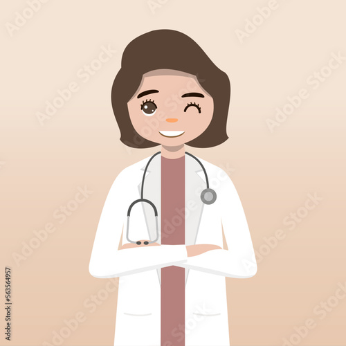 Front view doctor character. Doctor character creation set with face emotions, poses and gestures. Cartoon style, flat vector illustration.Female doctor. finger pointing up, holding clipboard.