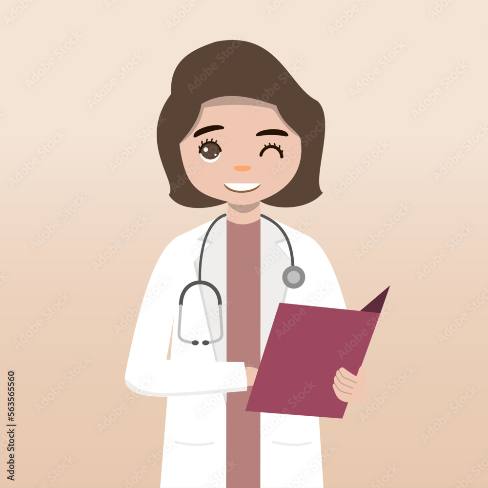 Fototapeta premium Front view doctor character. Doctor character creation set with face emotions, poses and gestures. Cartoon style, flat vector illustration.Female doctor. finger pointing up, holding clipboard.