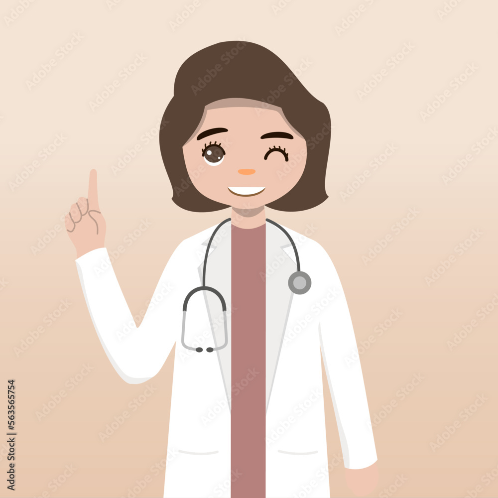 Fototapeta premium Front view doctor character. Doctor character creation set with face emotions, poses and gestures. Cartoon style, flat vector illustration.Female doctor. finger pointing up, holding clipboard.