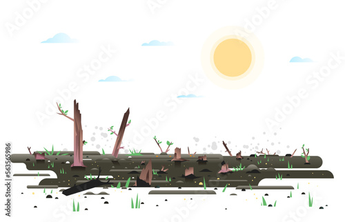 Growth green small young leaves and grass after wildfire, nature reborn after fire concept illustration in flat style isolated, charred earth with young plants