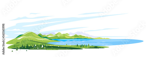 Lake near the green mountains with spruce forest around on white background, nature tourism landscape illustration isolated, sample creative panorama of mountains