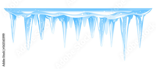 Blue frozen icicle cluster hanging down from snow-covered ice surface, big quality detailed group of icicles isolated, carefully drop the icicles