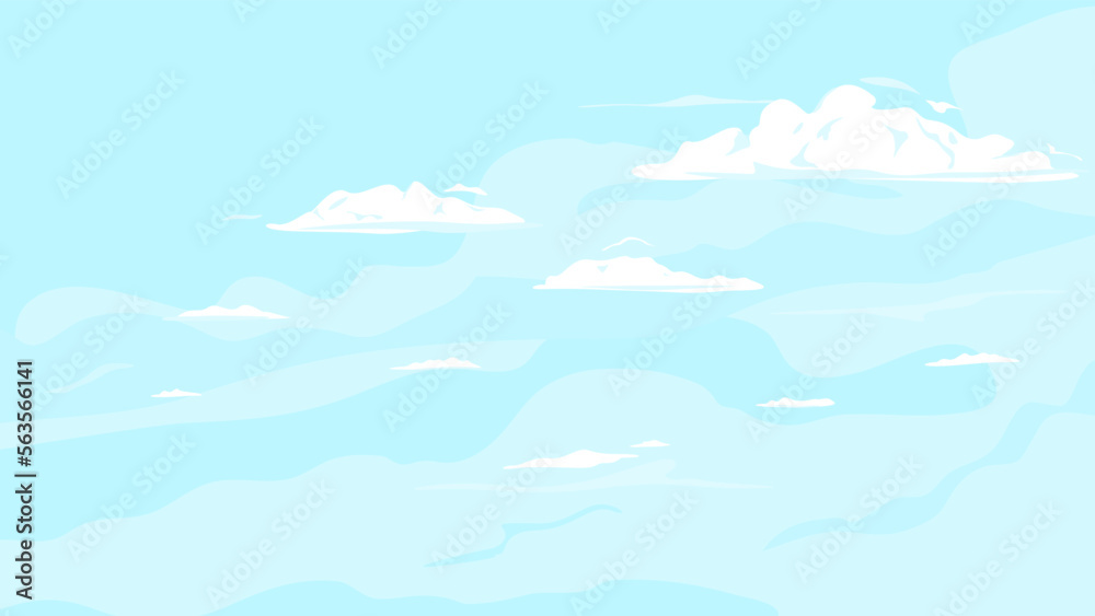 Blue sky with clouds background illustration, light blue sky with small with white lonely clouds, summer sky in sunny day in side view template