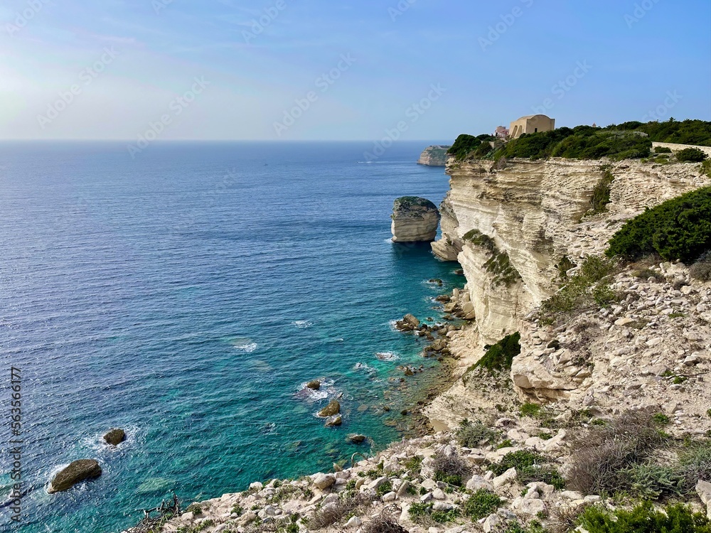 Rocky cliffs of Accore coast near Bonifacio (Corsica, France) view, stack of the Grain of Sand (