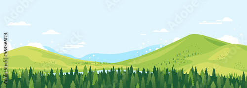 Spruce forest top in summer day landscape background in simple geometric form, wildlife panorama with mountain hills and river in the valley in sunny day with blue sky, green triangular spruces
