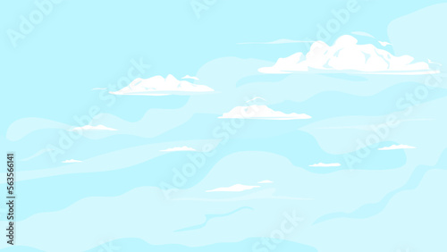 Blue sky with clouds background illustration, light blue sky with small with white lonely clouds, summer sky in sunny day in side view template