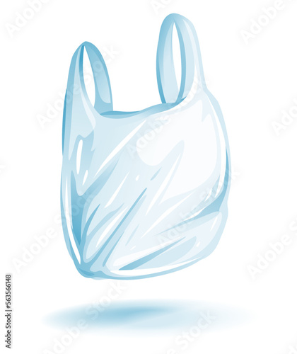 One empty cartoon plastic bag with handles isolated illustration with shadow, thin transparent disposable bag, plastic shopping bag, plastic grocery bag