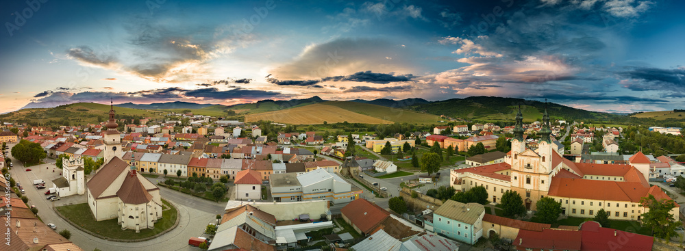 Aerial drone view of Podolinec, the town near Stara Lubovna, Slovakia