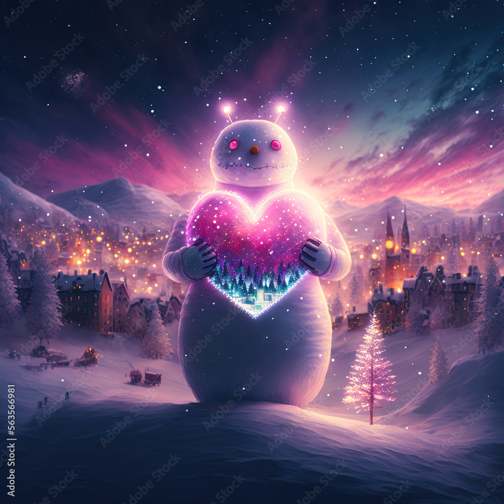 Obraz premium Snowman holding a heart. Valentines day snowman. Winter valentines day background. I love you card