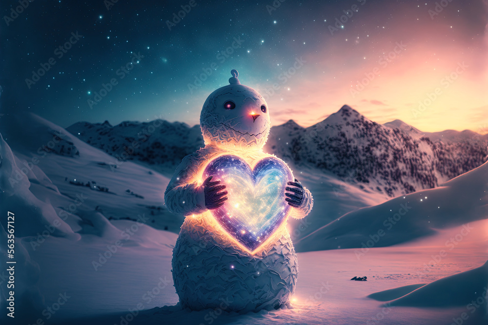 Fototapeta premium Snowman holding a heart. Valentines day snowman. Winter valentines day background. I love you card