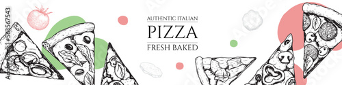 Italian pizza top view frame design template. Classic Italian food, pizzeria menu in sketch hand drawn style. Vintage vector illustration. Engraved image.