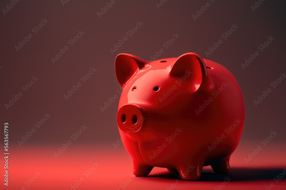 Red piggy bank on red background with space for text - Generative AI