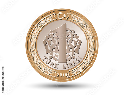 One Turkish Lira isolated on white background. Vector illustration.