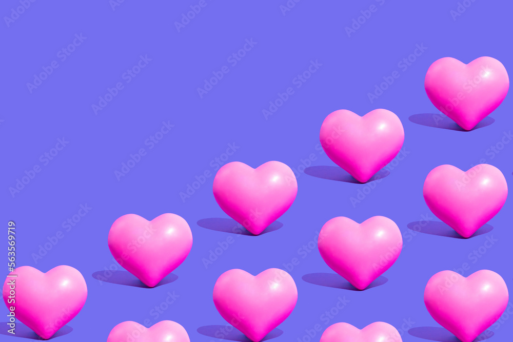 Minimal love, Valentine's Day idea. Seamless pattern of vivid pink hearts on purple  background.
