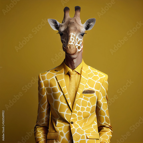 A portrait of an elegant girafe in yellow tuxedo