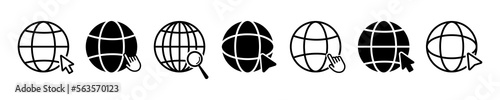 Set of globe with cursor vector icons. Web globe with pointer, finger, mouse and magnifying glass. Vector 10 Eps.
