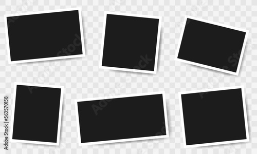 Set of realistic black photo with shadow. Horizontals empty photograph on transparent background. Photo collage.