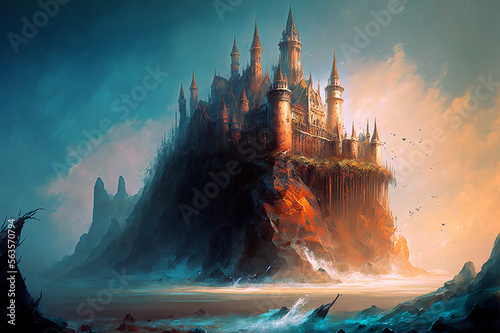 Stunning painting of Camelot on a lake generative AI