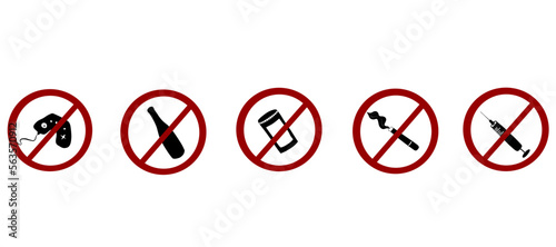 Set of prohibition signs with addictive stuff like alcohol