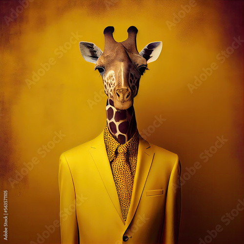 A portrait of an elegant girafe in yellow tuxedo