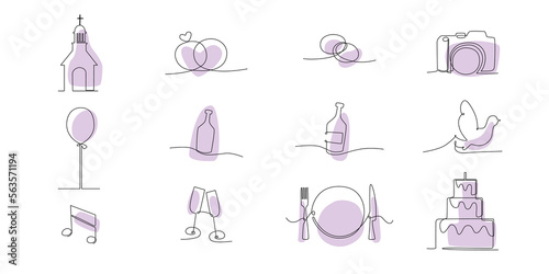 Decoration continuous line hand drawing elements set for wedding photo book, invitations. Vector stock illustration minimalism design isolated on white background. Editable stroke single line. 