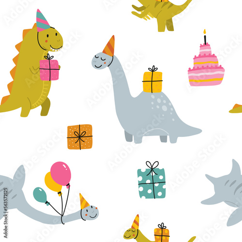 Cartoon cute dinosaurs seamless pattern for birthday party. Baby Dino with balloons and cake. Jurassic colorful animals. Prehistoric kids collection. Dragons in nordic style.