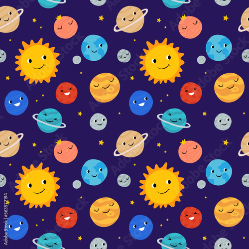 Cute planets of Solar system with happy faces. Funny celestial objects in outer space. Pretty astronomical bodies orbiting Sun. Astronomy for children. Childish flat cartoon vector seamless pattern.