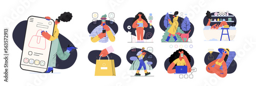 Online shopping and electronic commerce illustrations set - modern flat vector concept illustration of people and objects on online shopping. Promotion, discounts, sale and online orders concept