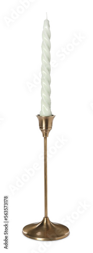 Фотография One vintage metal candlestick with candle isolated on white