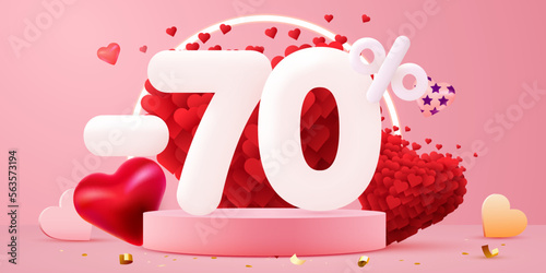 70 percent Off. Discount creative composition. 3d sale symbol with decorative objects. Valentine's day promo. Sale banner and poster.