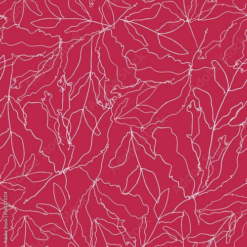 Abstract line art leaves seamless repeat pattern. Random placed, vector modern botany all over surface print on magenta background.