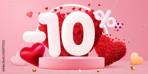 10 percent Off. Discount creative composition. 3d sale symbol with decorative objects. Valentine's day promo. Sale banner and poster.