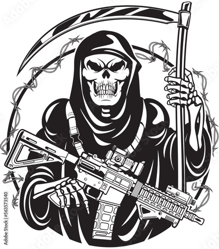 grim reaper holding ar15 assault rifle and schyte photo
