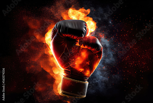 Closeup of boxing gloves with fire and smoke effect. Sport tournament and match game concept. Generative AI
