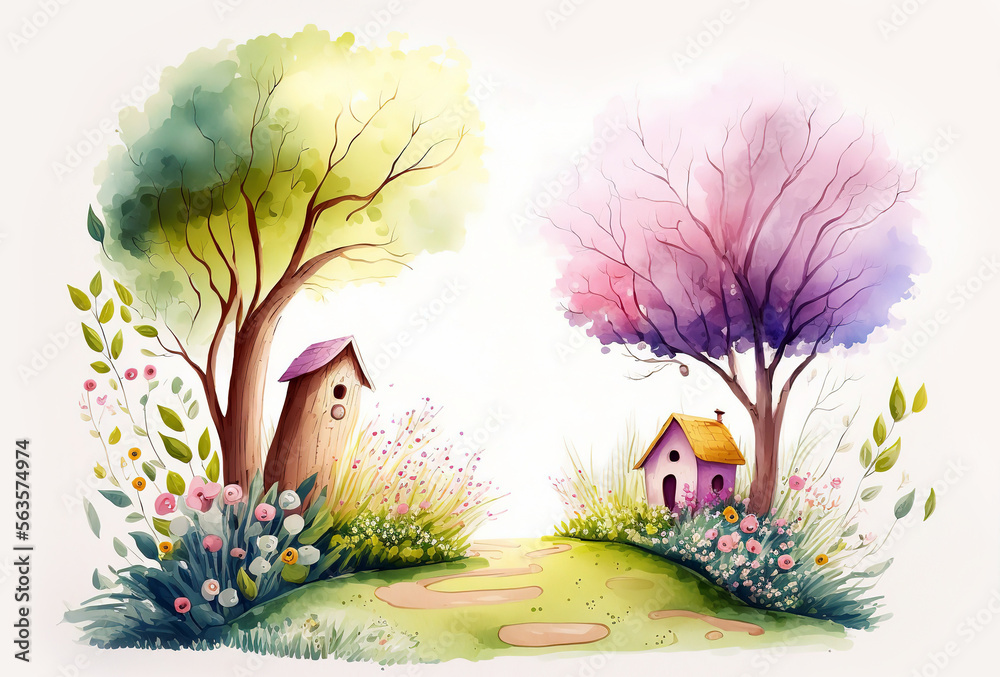 Nature. Cute watercolor illustration of landscape natural ...