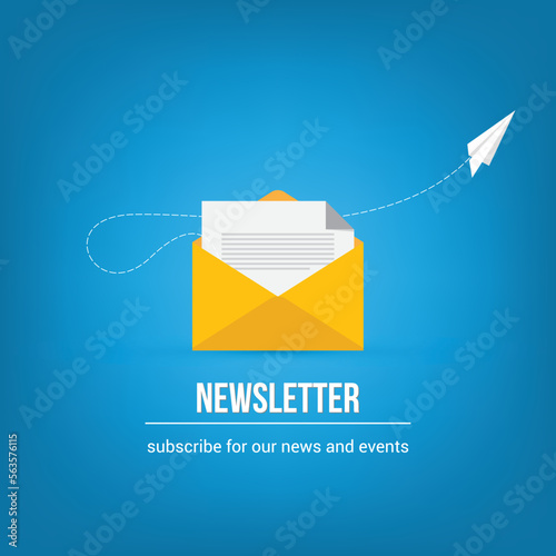 Newsletter. vector illustration of email marketing. subscription to newsletter, news, offers, promotions. a letter and envelope. subscribe, submit. send by mail.	