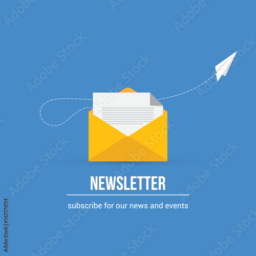 Newsletter. vector illustration of email marketing. subscription to newsletter, news, offers, promotions. a letter and envelope. subscribe, submit. send by mail. 