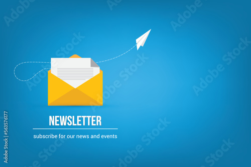 Newsletter. vector illustration of email marketing. subscription to newsletter, news, offers, promotions. a letter and envelope. subscribe, submit. send by mail.	