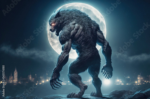 Werewolf with Fullmoon. Generative AI, non-existent person.	