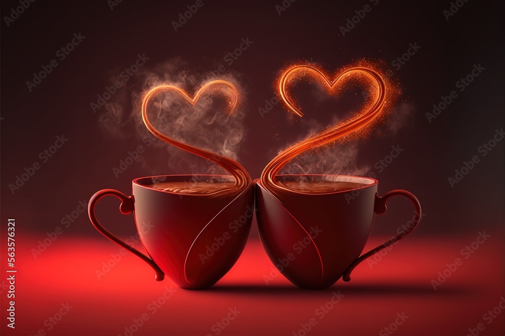 © Create image - Cups of tea or coffee with steam in two heart shape. Generative AI © Create image - Cups of tea or coffee with steam in two heart shape. Generative AI