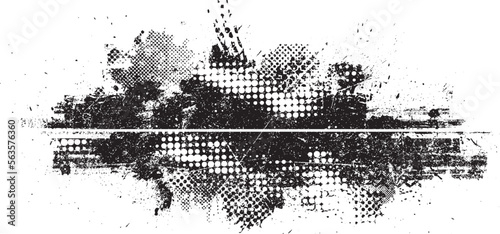 Glitch distorted grunge layer with a textures  lines  halftone dots  brush strokes  stripes  spots . Trendy defect  shapes . Overlay grunge texture . Distressed effect .Vector screen print texture.