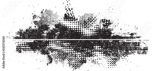 Glitch distorted grunge layer with a textures, lines, halftone dots, brush strokes, stripes, spots . Trendy defect  shapes . Overlay grunge texture . Distressed effect .Vector screen print texture.