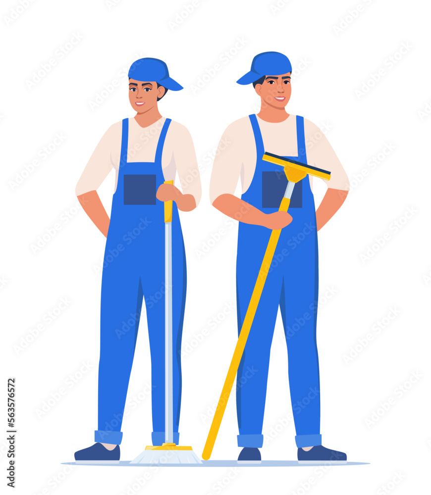 Cleaning service man and woman character in uniform with mop and glass cleaning scraper. Worker of cleaning service. Vector illustration. Cleaning service man and woman character in uniform with mop and glass cleaning scraper. Worker of cleaning service. Vector illustration.