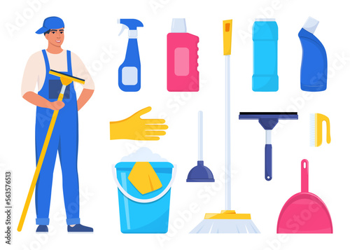 Man dressed in uniform with glass cleaning scraper. Worker of cleaning service. Bucket, scoop, brush, washing powder, bottle of spray, sponge, glass scraper, rubber gloves. Vector.