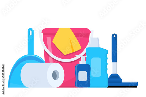 Cleaning tools and detergent for cleaning service web banner, poster design. Bucket, scoop, brush, washing powder, bottle of spray, sponge, glass scraper, rubber gloves. Vector illustration.