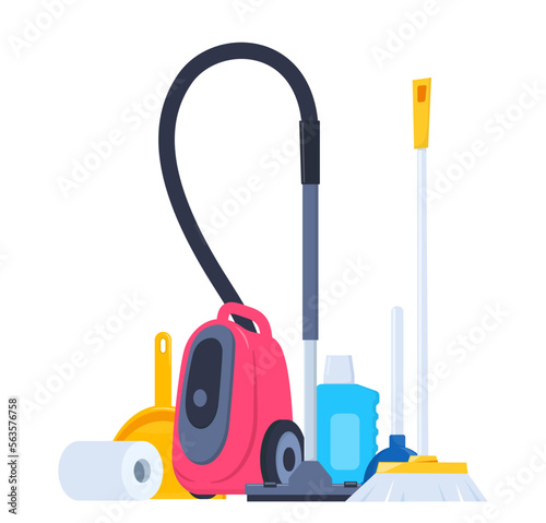 Cleaning tools and detergent for cleaning service web banner, poster design. Bucket, scoop, brush, washing powder, bottle of spray, sponge, glass scraper, rubber gloves. Vector illustration.