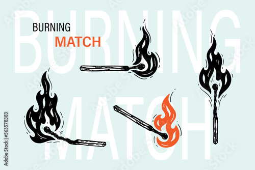 Vector Set of Burning Match Stick illustration. Matchstick Silhouette. Wood Match with Fire Flames.