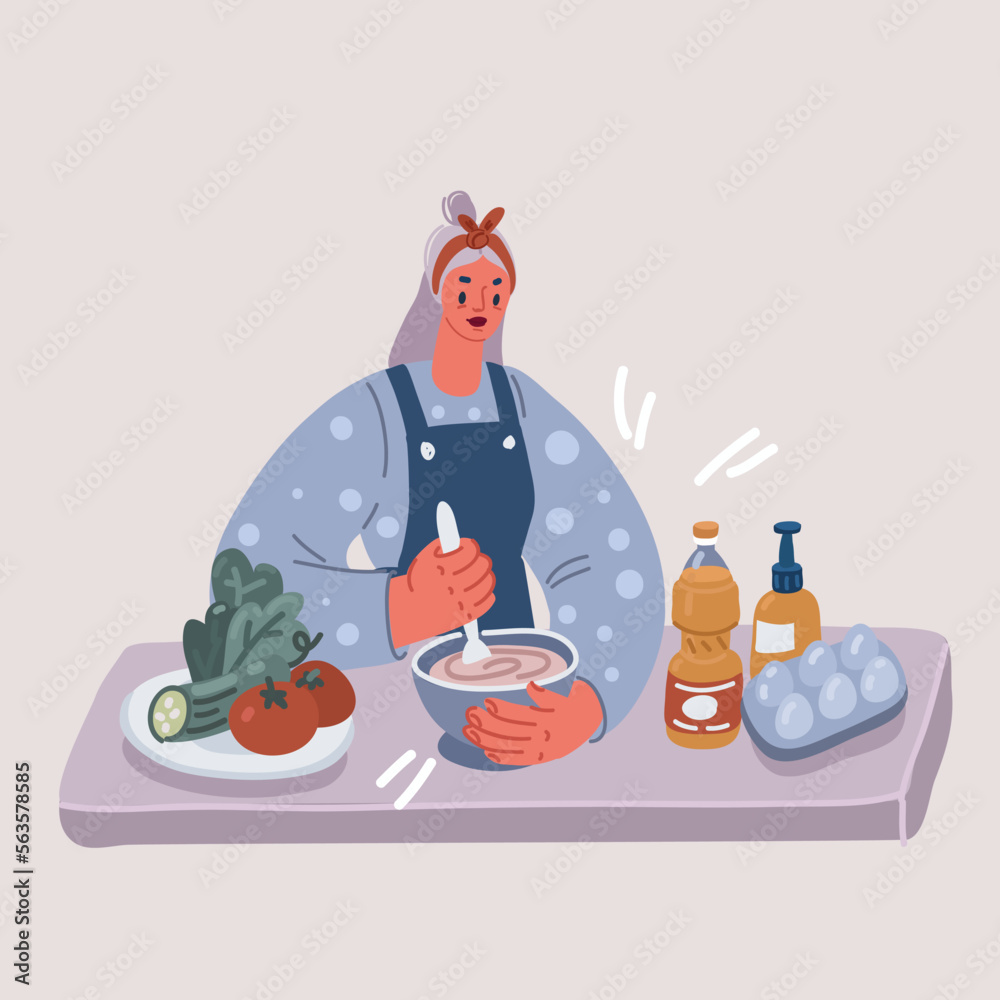 Vector illustration of woman in an apron is cooking. Homemade food, dinner Vector illustration of woman in an apron is cooking. Homemade food, dinner
