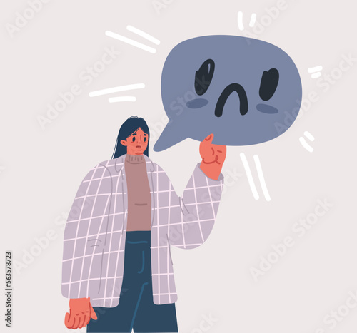 Vector illustration of Worried woman holding Speech bubble Wide Worry Trouble